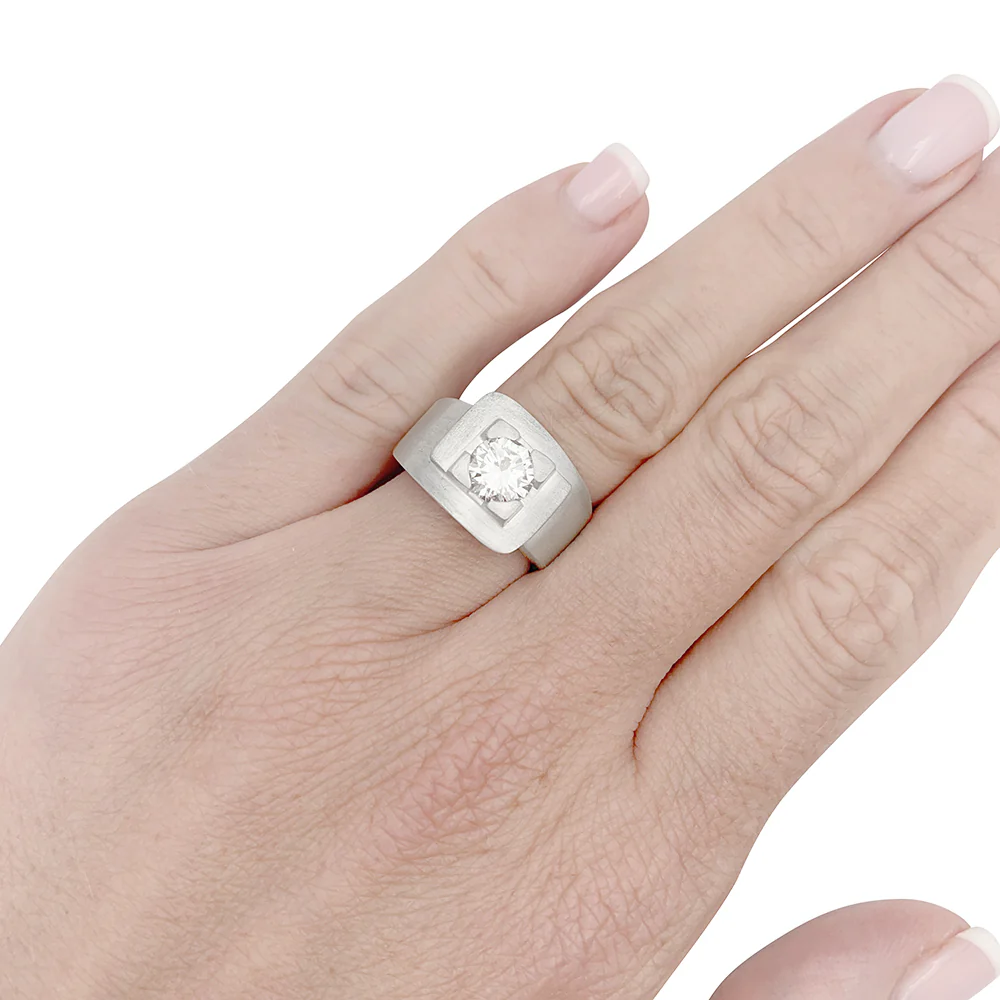 Bague chevalière, or blanc, diamant. - Image 6