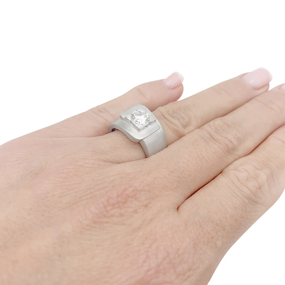 Bague chevalière, or blanc, diamant. - Image 7