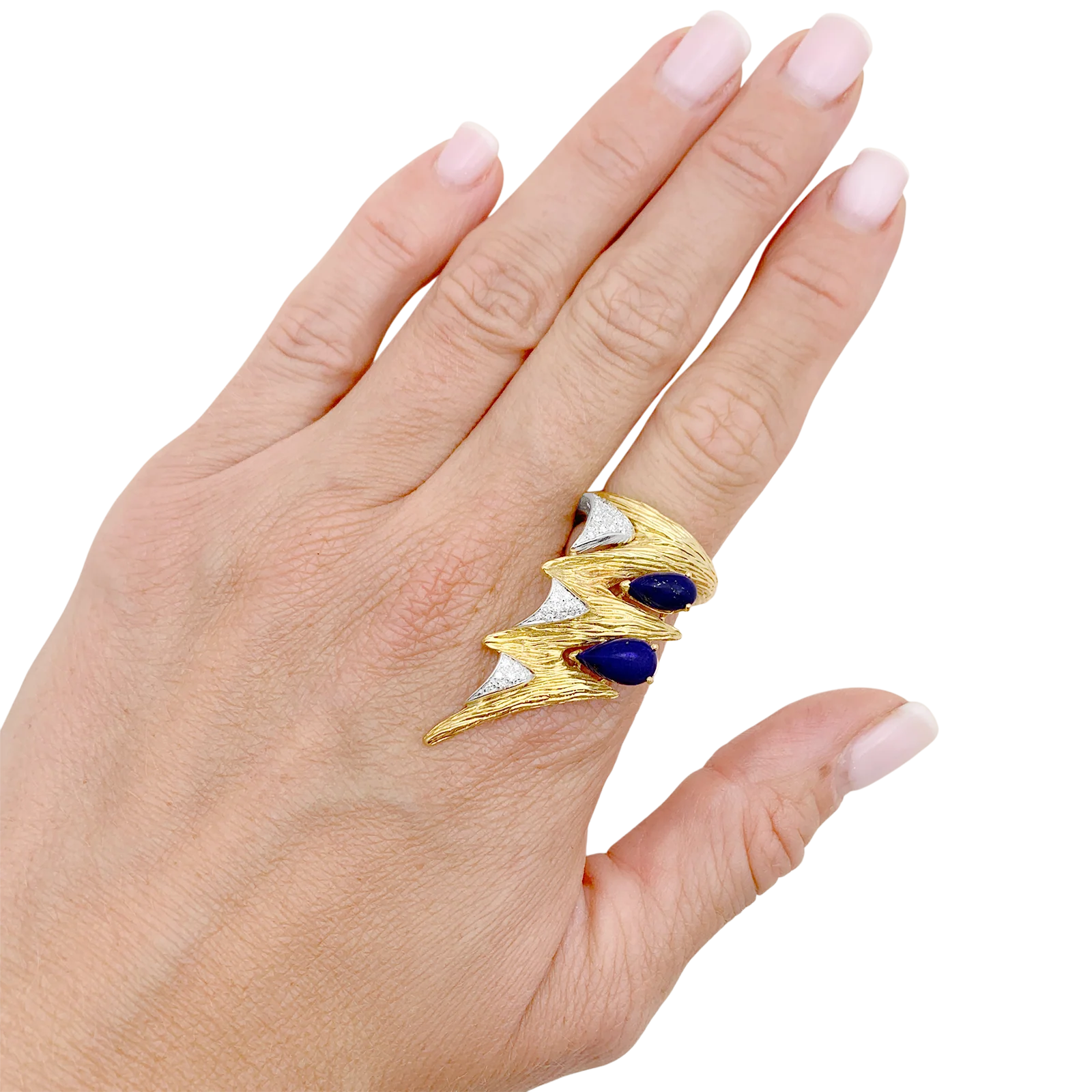 Bague "éclair" deux tons d'or 750/000, lapis lazuli et diamants. - Image 6