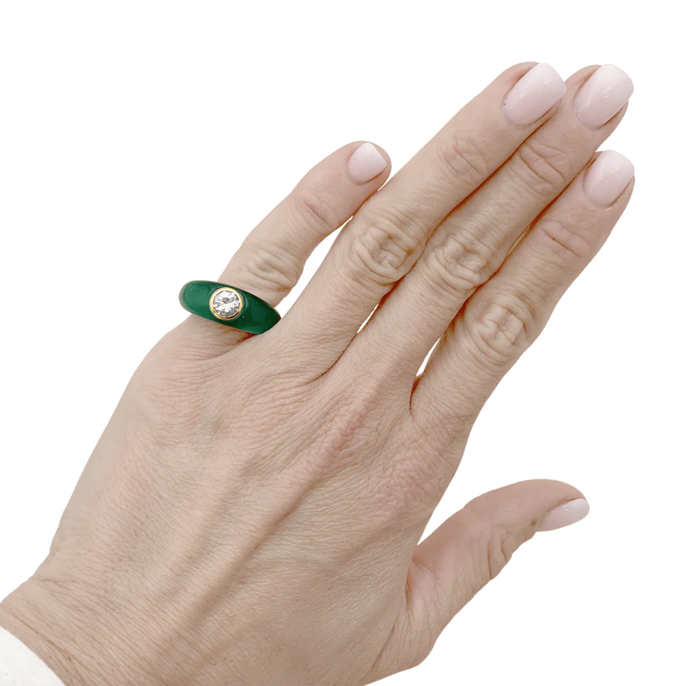 Bague jonc bombé, or jaune, chrysoprase et diamant. - Image 6
