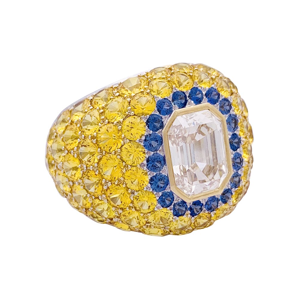 Bague or blanc, saphirs, saphirs jaunes et diamant brun. - Image 3