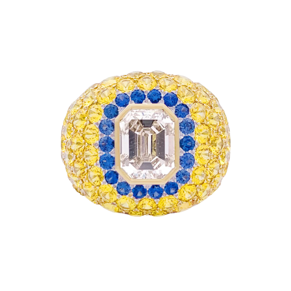 Bague or blanc, saphirs, saphirs jaunes et diamant brun. - Image 6
