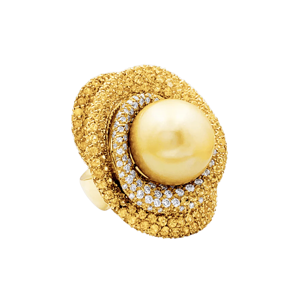 Bague perle gold, diamants blanc, saphirs de couleur, or jaune. - Image 3