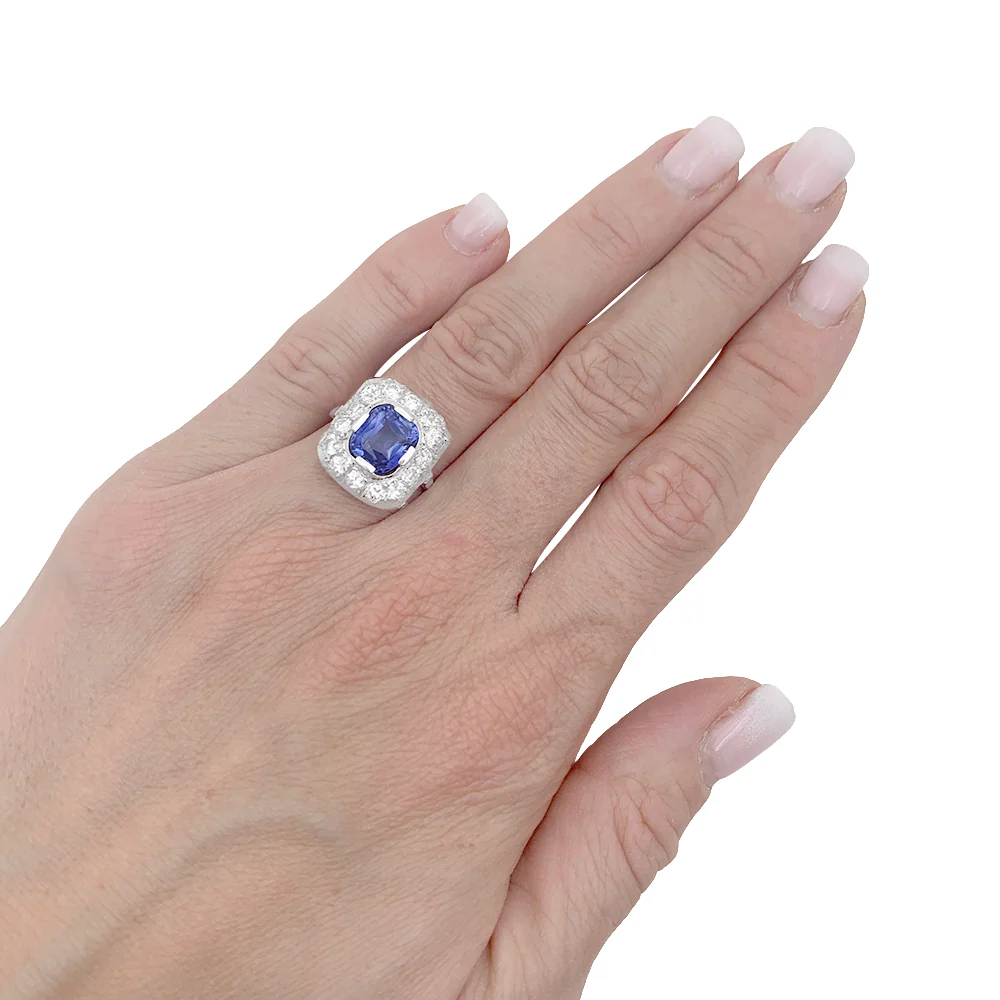 Bague "Pompadour" platine, or blanc, saphir, diamants. - Image 6
