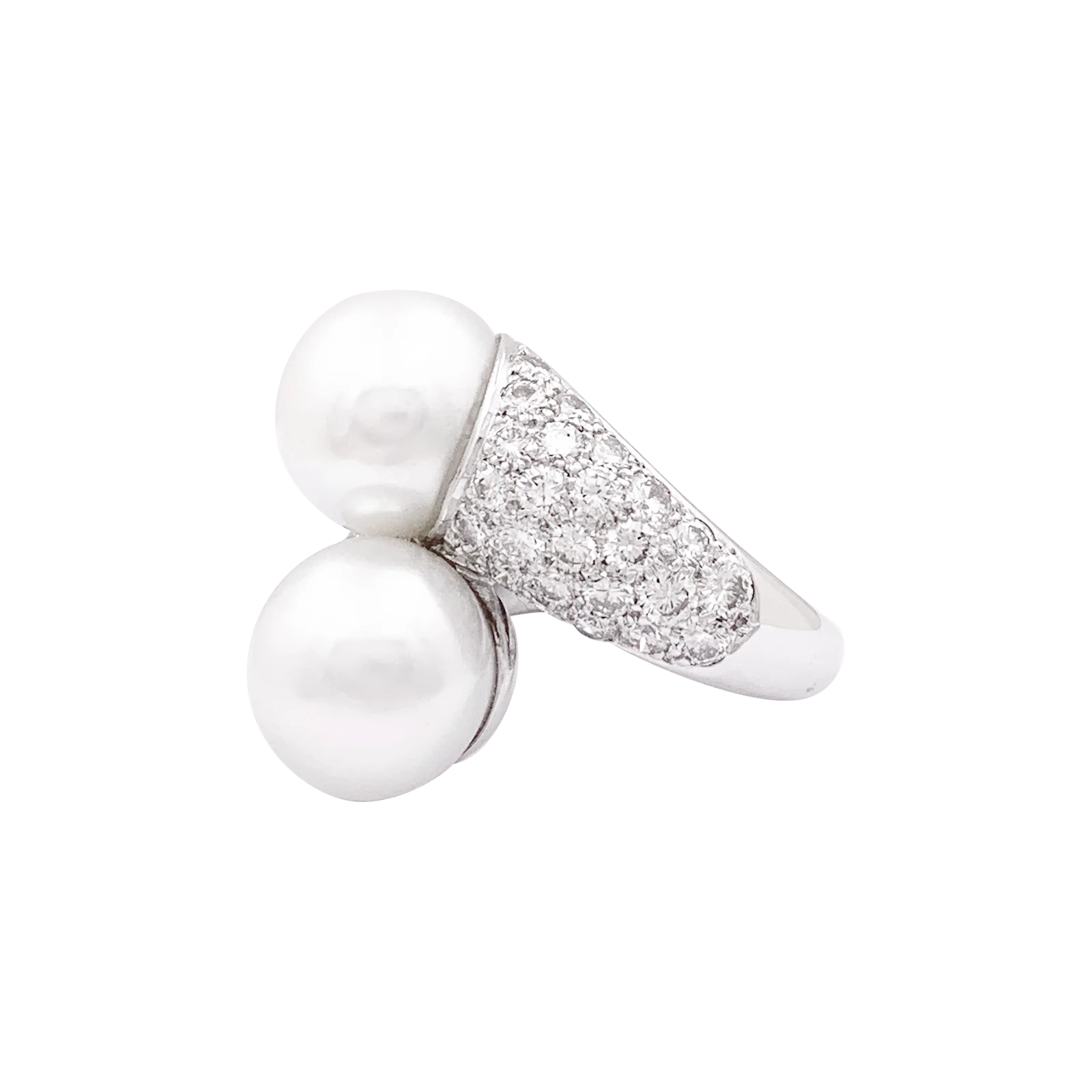 Bague "Toi & Moi" or blanc, diamants, perles. - Image 3
