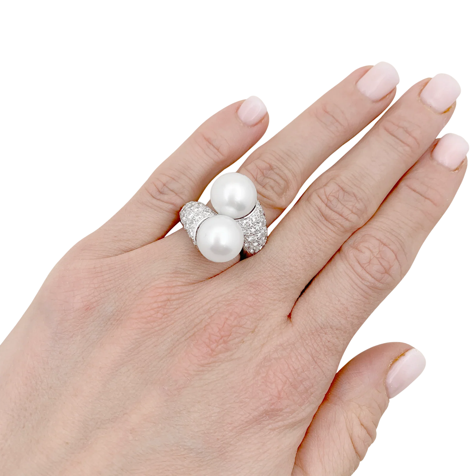 Bague "Toi & Moi" or blanc, diamants, perles. - Image 6
