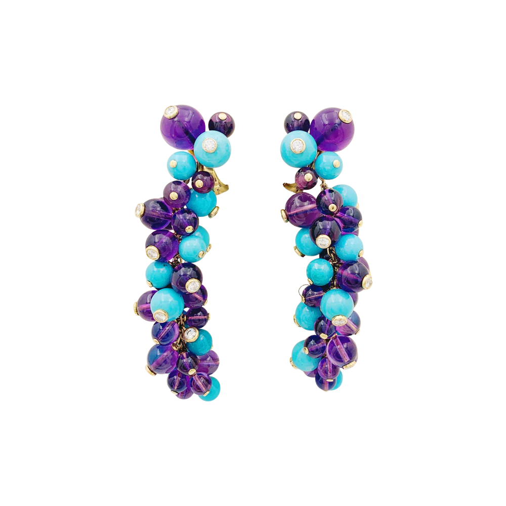 Boucles d'oreilles Cartier, "Délices de Goa", or rose, améthystes, turquoises et diamants. - Image 2