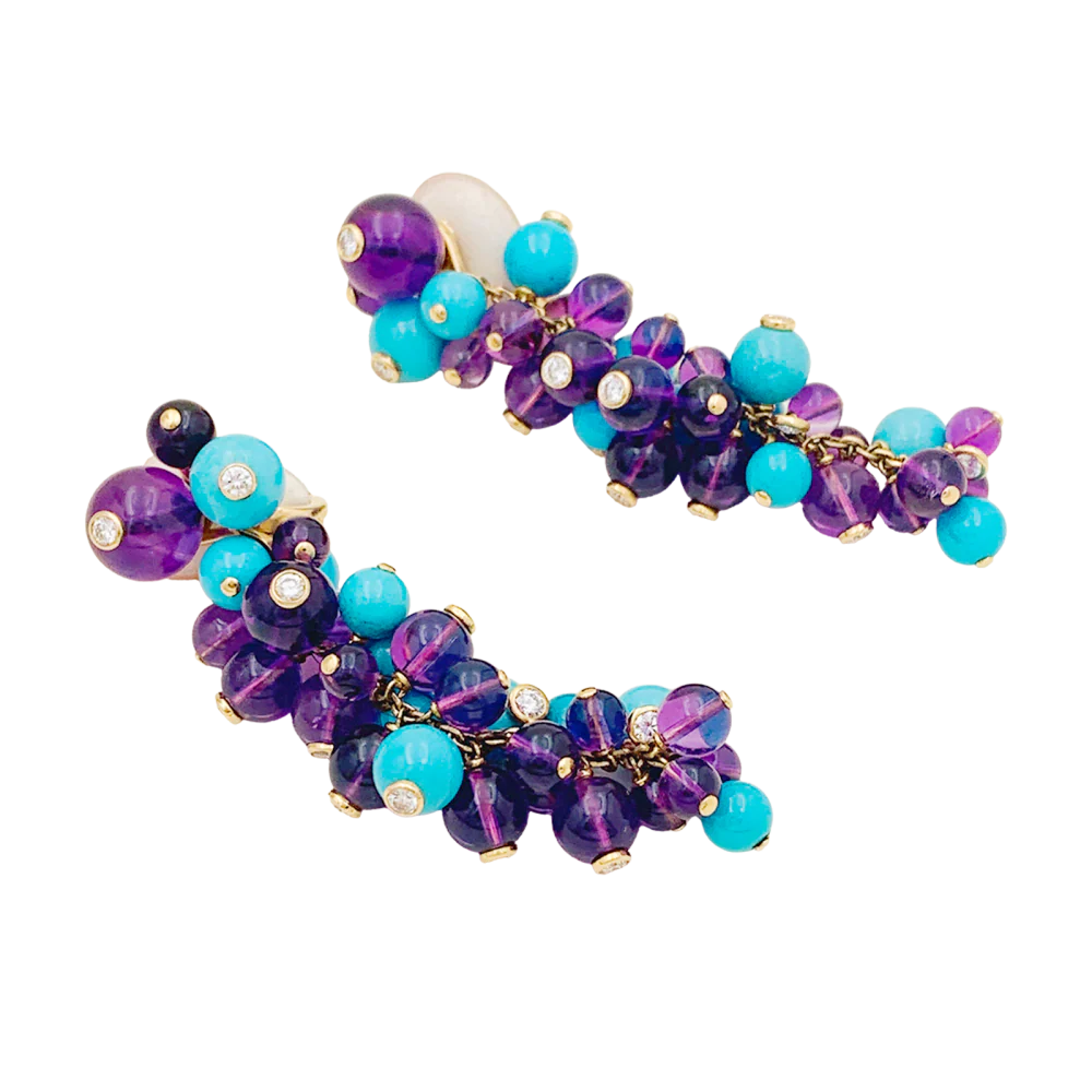 Boucles d'oreilles Cartier, "Délices de Goa", or rose, améthystes, turquoises et diamants. - Image 3