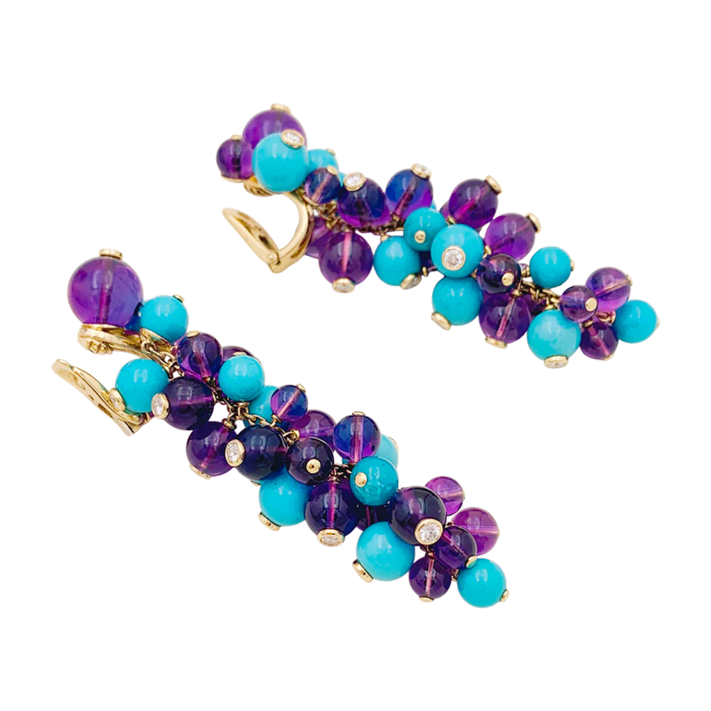 Boucles d'oreilles Cartier, "Délices de Goa", or rose, améthystes, turquoises et diamants. - Image 4