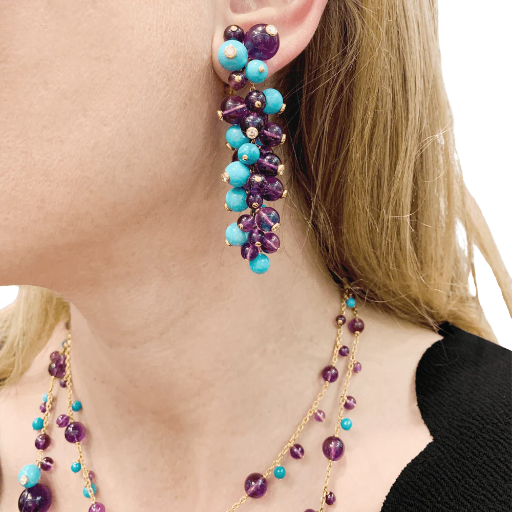 Boucles d'oreilles Cartier, "Délices de Goa", or rose, améthystes, turquoises et diamants. - Image 7