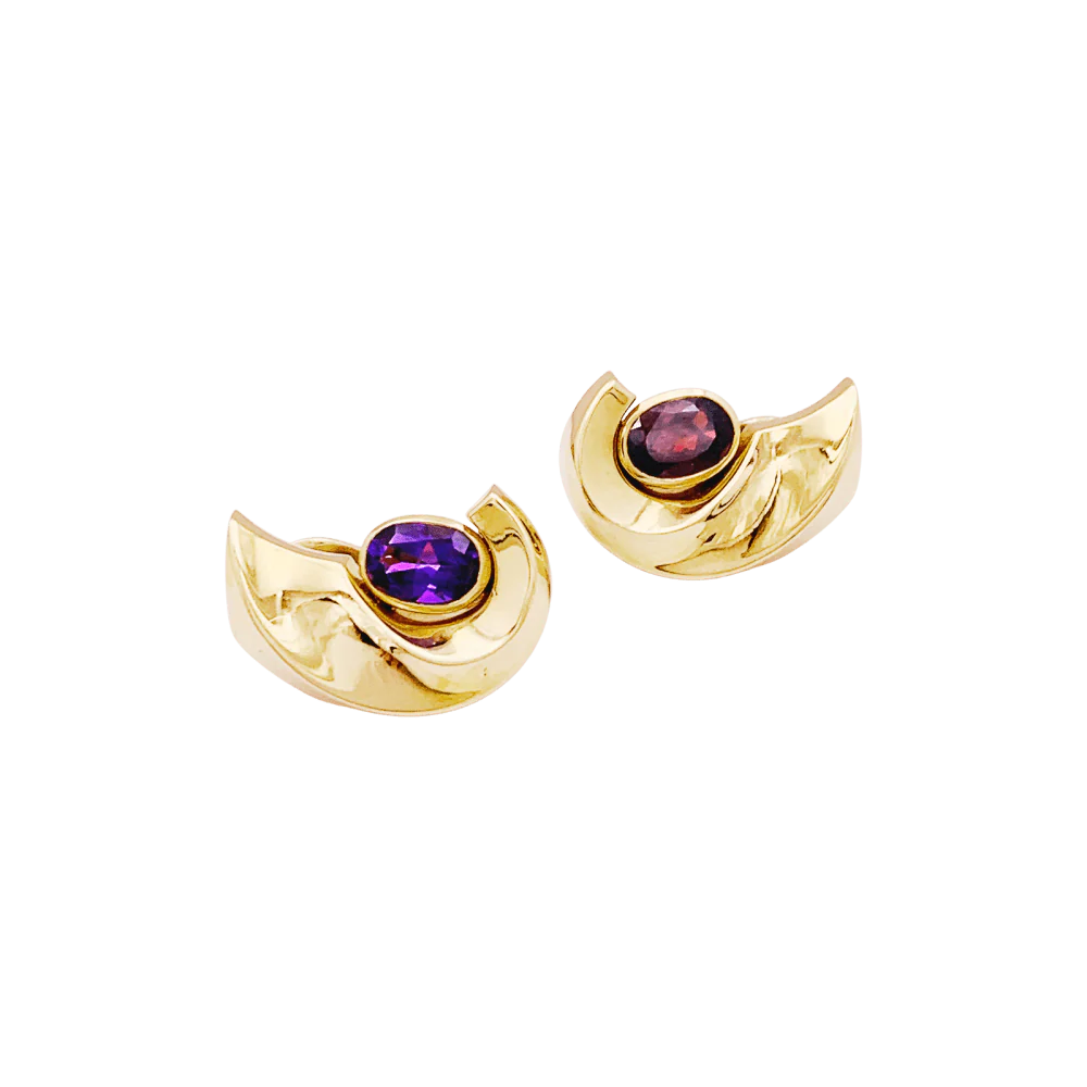 Boucles d'oreilles or jaune et pierres de couleur. - Image 2