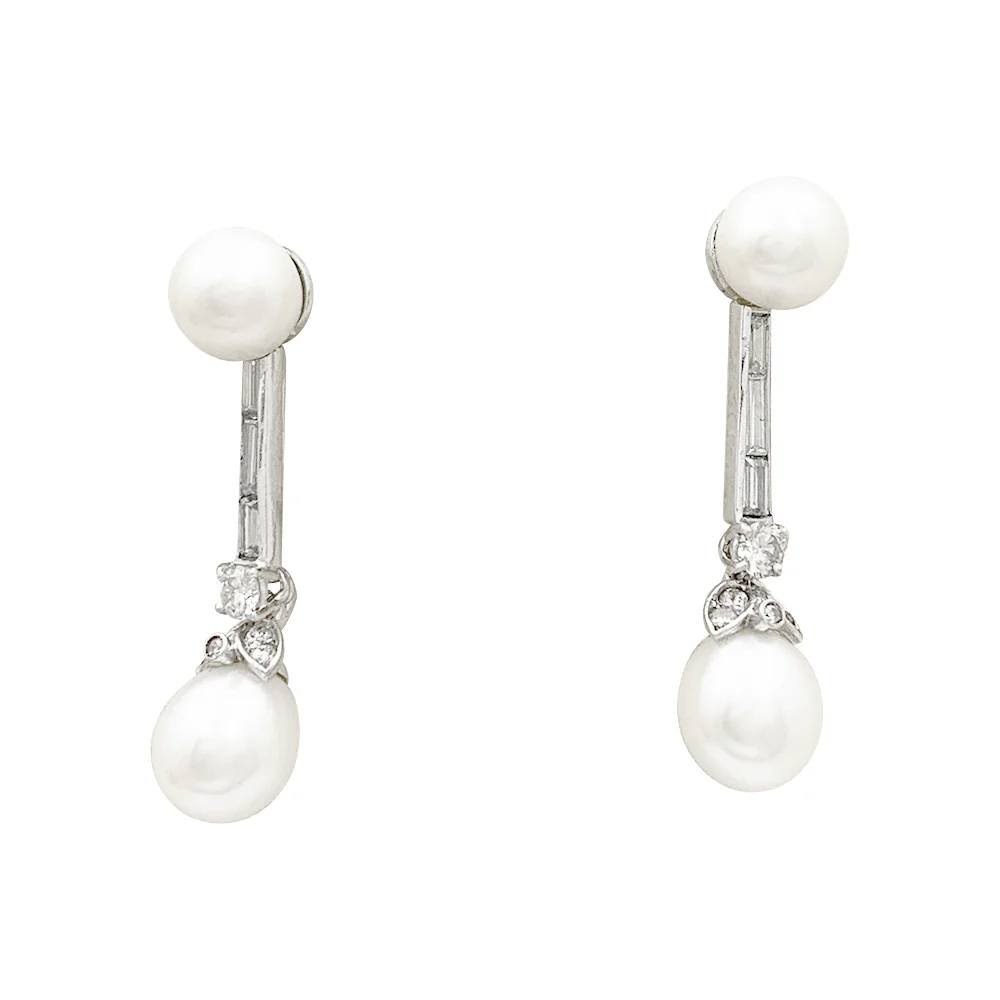 Boucles d'oreilles perles, diamants, platine, or blanc. - Image 5