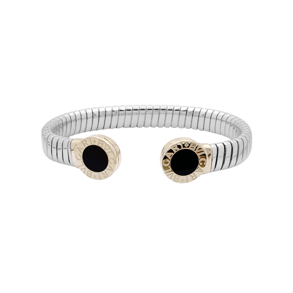 Bracelet Bulgari, "Bulgari-Bulgari", acier, or jaune et onyx. 35154