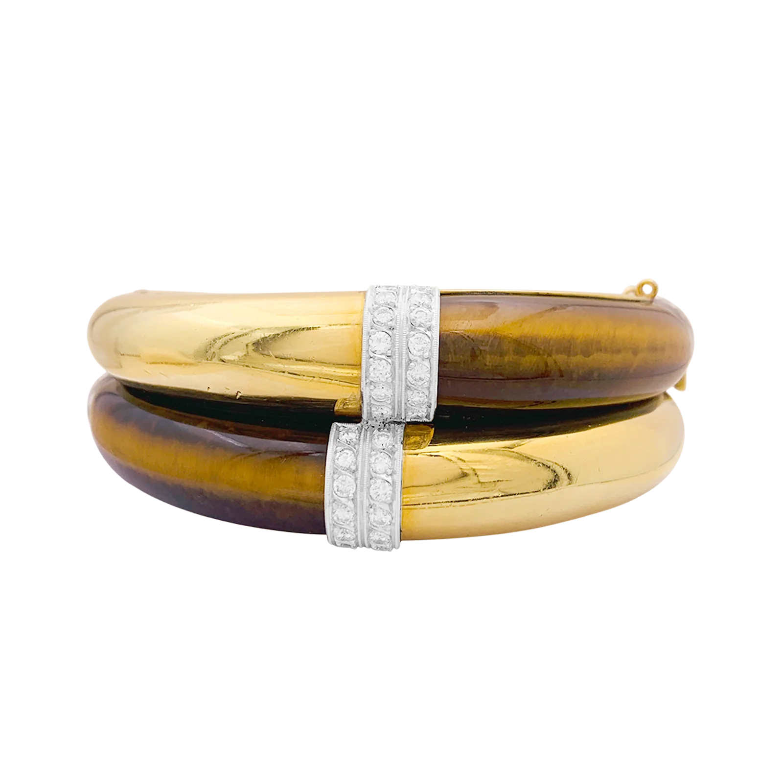Bracelet ouvrant, or jaune, oeil de tigre et diamants.