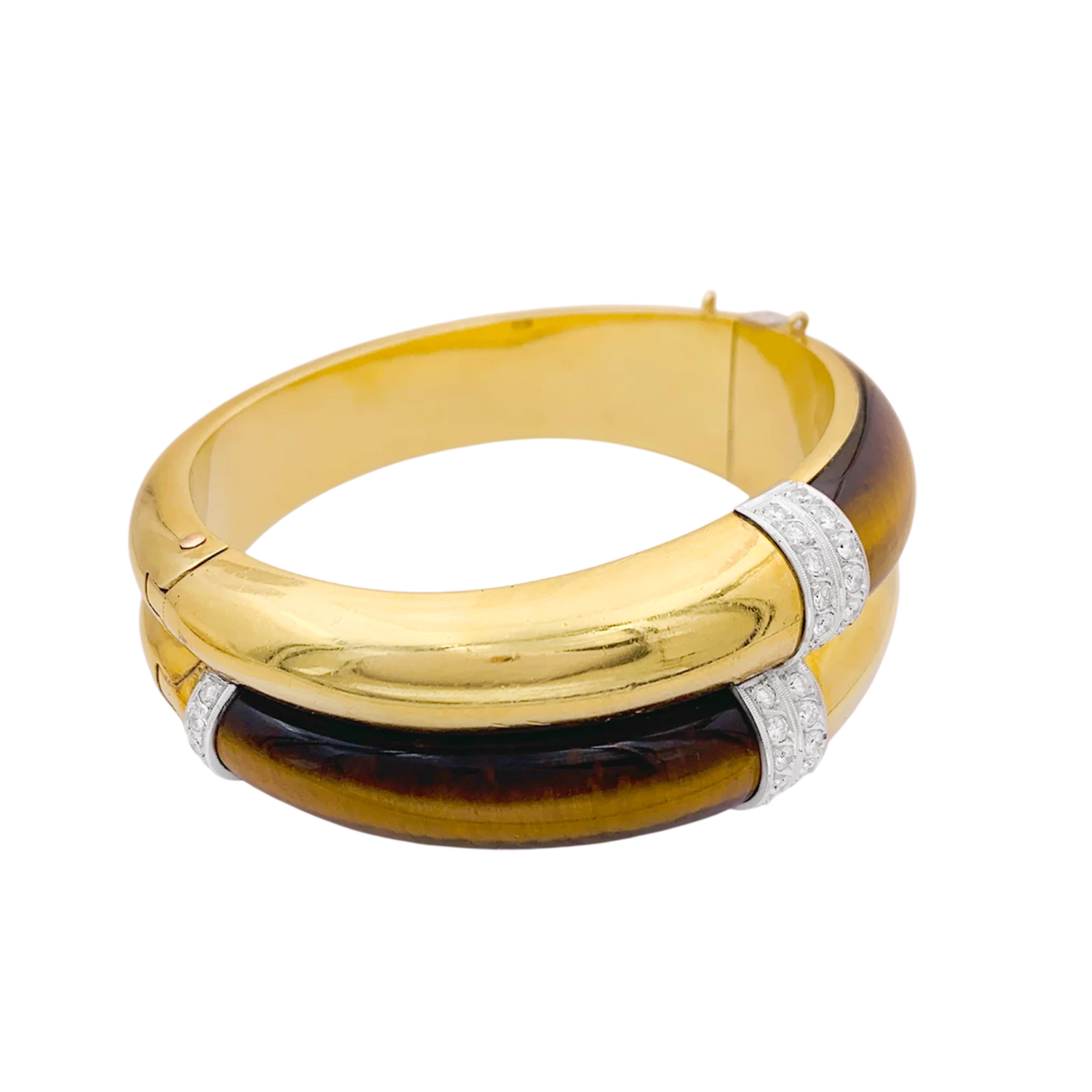 Bracelet ouvrant, or jaune, oeil de tigre et diamants. - Image 2