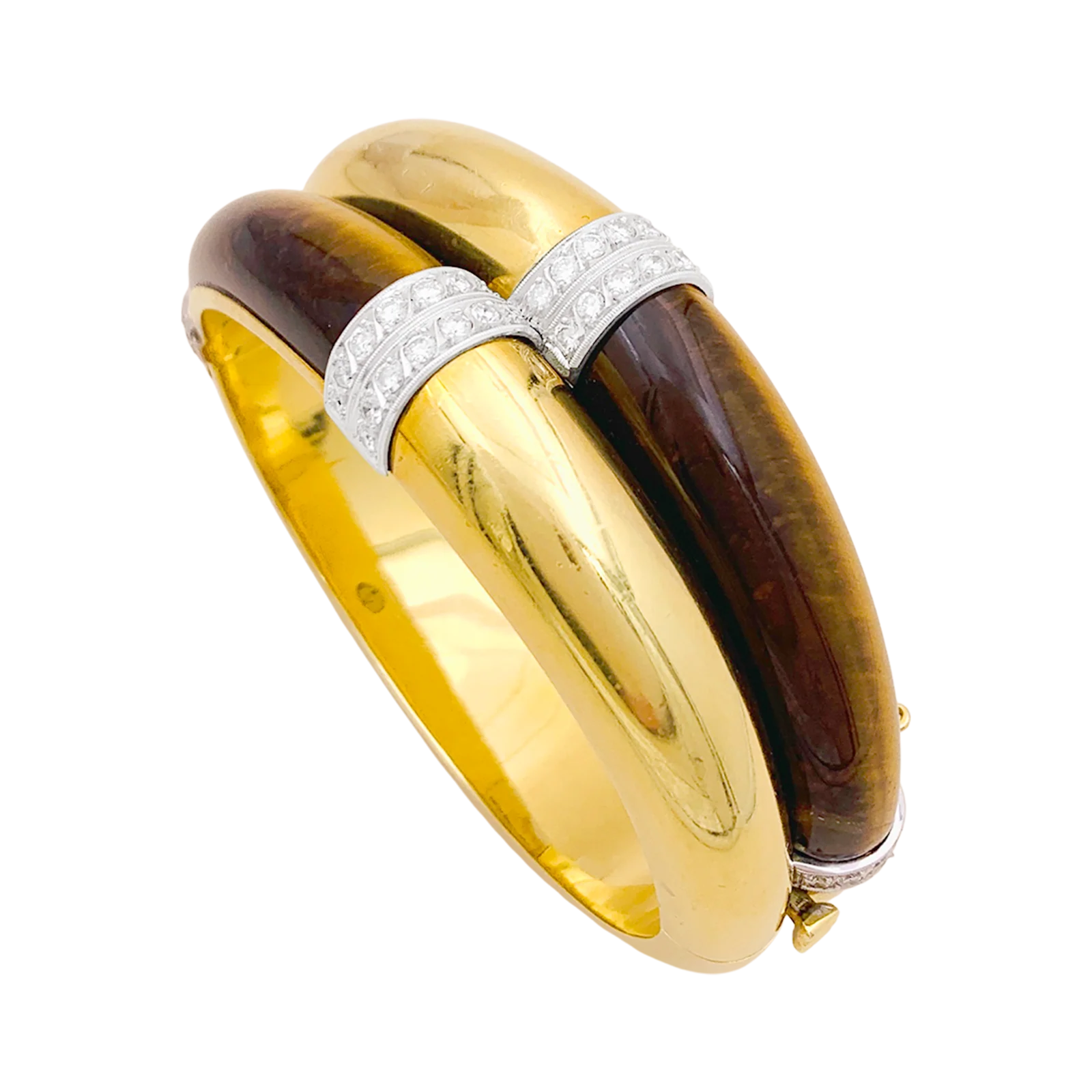 Bracelet ouvrant, or jaune, oeil de tigre et diamants. - Image 3
