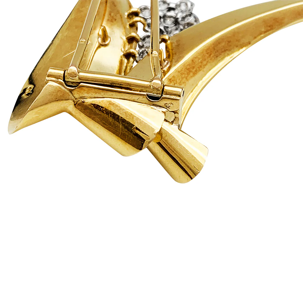 Broche Fontana en or jaune 750/000 et platine 950/000 sertie de 10 diamants taille ancienne. Poids brut : 11,4 grammes. - Image 10