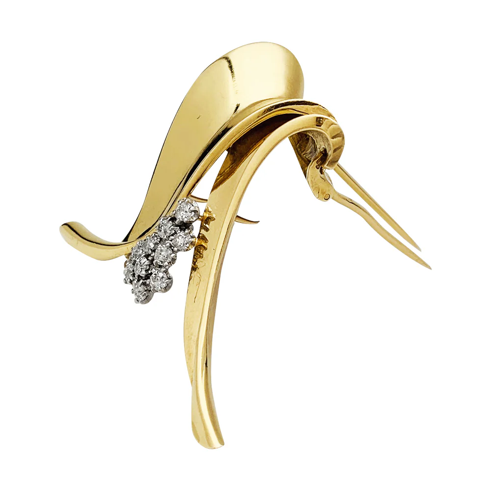 Broche Fontana en or jaune 750/000 et platine 950/000 sertie de 10 diamants taille ancienne. Poids brut : 11,4 grammes. - Image 3