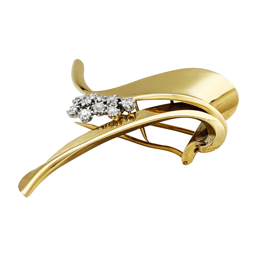 Broche Fontana en or jaune 750/000 et platine 950/000 sertie de 10 diamants taille ancienne. Poids brut : 11,4 grammes. - Image 4