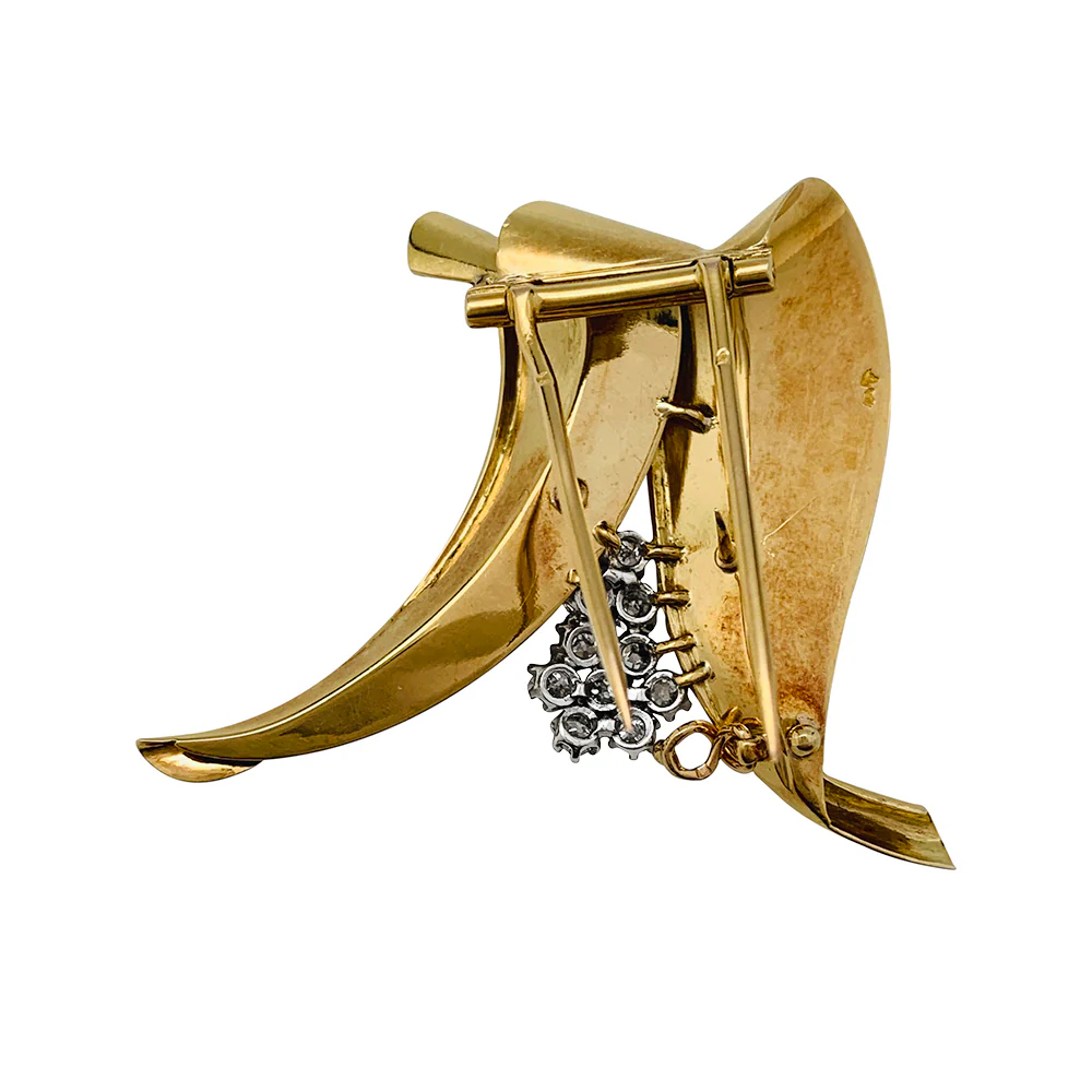 Broche Fontana en or jaune 750/000 et platine 950/000 sertie de 10 diamants taille ancienne. Poids brut : 11,4 grammes. - Image 6