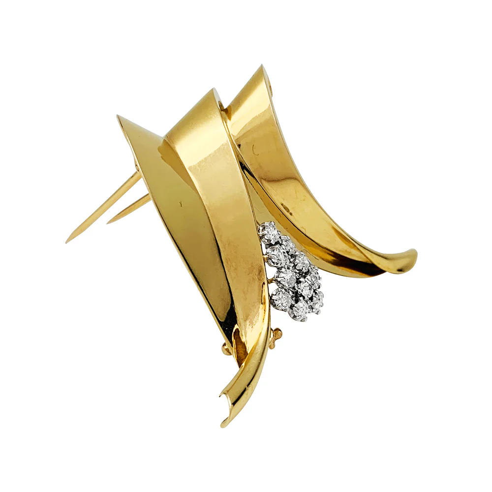 Broche Fontana en or jaune 750/000 et platine 950/000 sertie de 10 diamants taille ancienne. Poids brut : 11,4 grammes. - Image 7