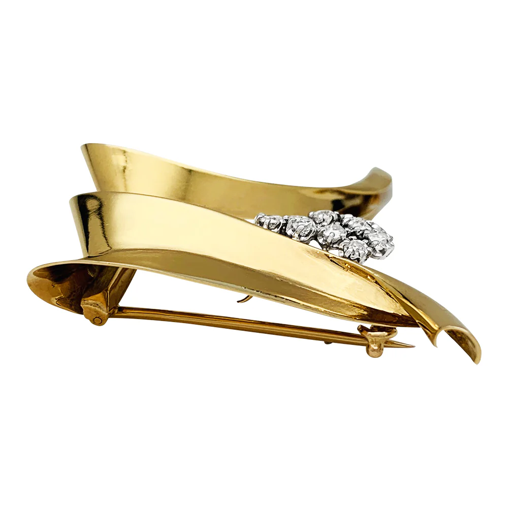 Broche Fontana en or jaune 750/000 et platine 950/000 sertie de 10 diamants taille ancienne. Poids brut : 11,4 grammes. - Image 8