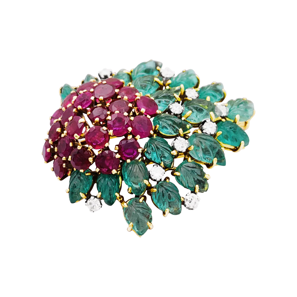 Clip Floral, or jaune, diamants, émeraudes, rubis. - Image 2