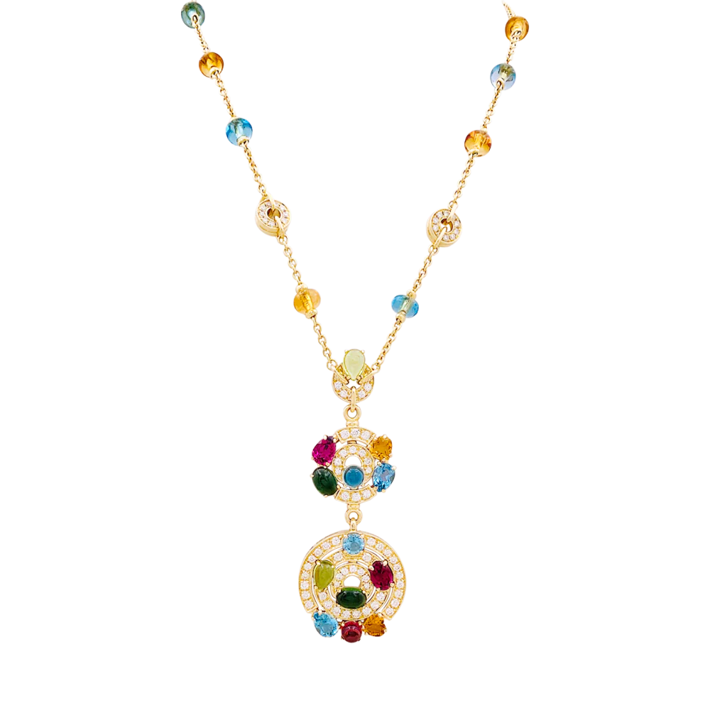 Collier BULGARI "Astrale", or jaune, diamants et pierres de couleur.