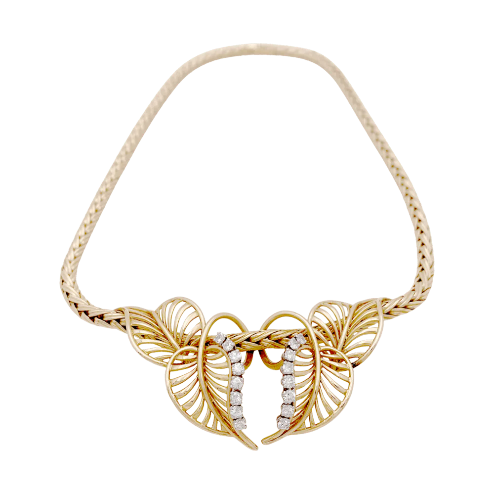 Collier "feuillages" or jaune et diamants.