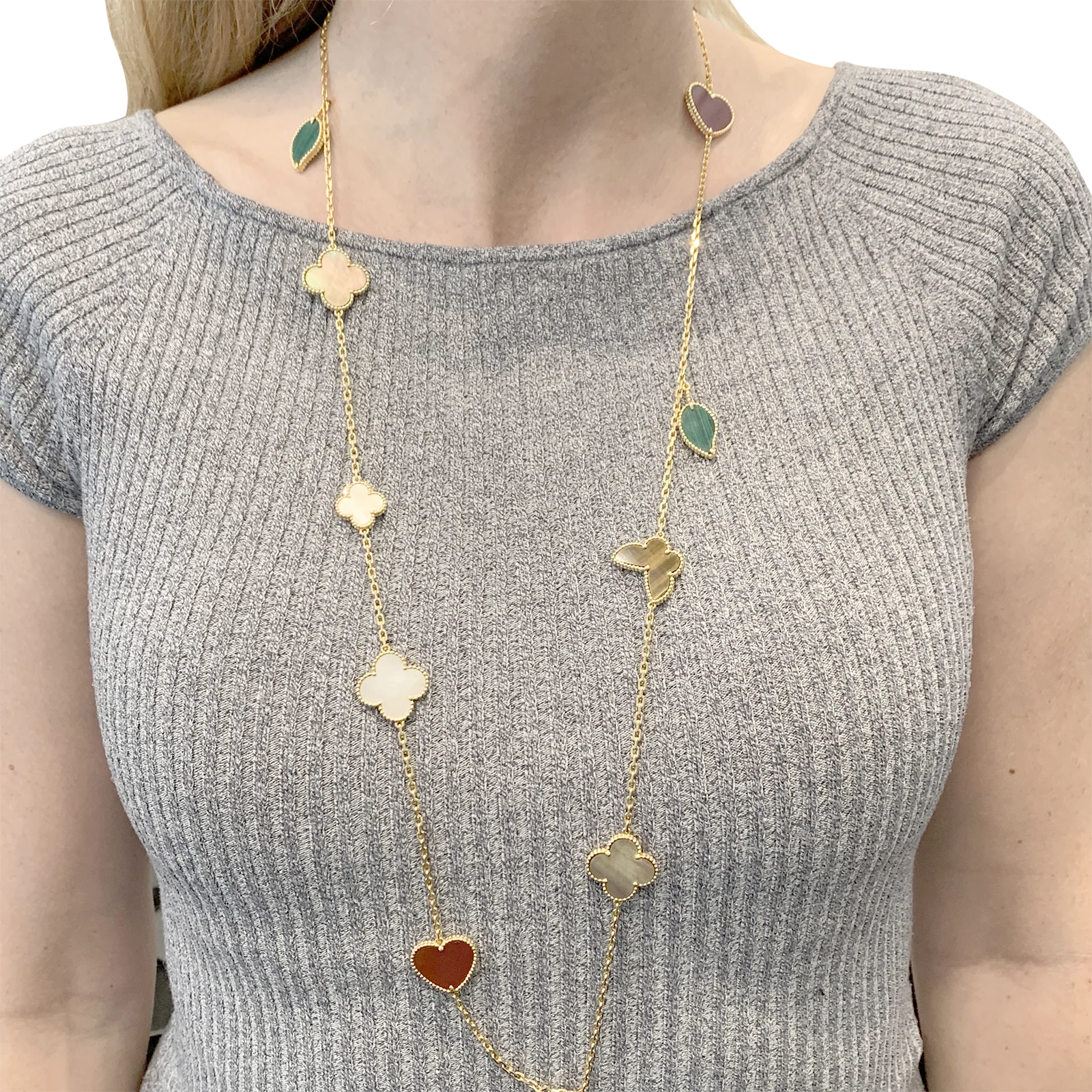 Collier-Sautoir Van Cleef & Arpels, "Lucky Alhambra", or jaune, cornaline, malachite, oeil de tigre, nacre. - Image 6