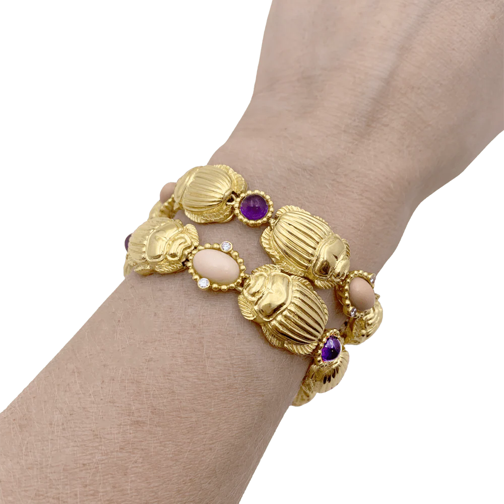 Collier transformable en deux bracelets or jaune, corail, améthyste et diamants. - Image 5