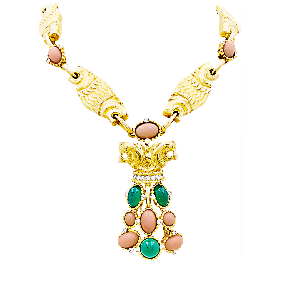 Demi-parure "Lions" transformable, or jaune, diamants, corail, chrysoprase.