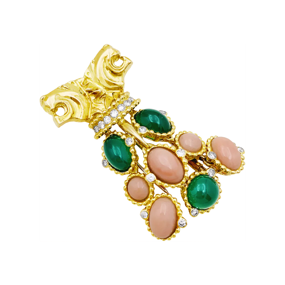 Demi-parure "Lions" transformable, or jaune, diamants, corail, chrysoprase. - Image 6