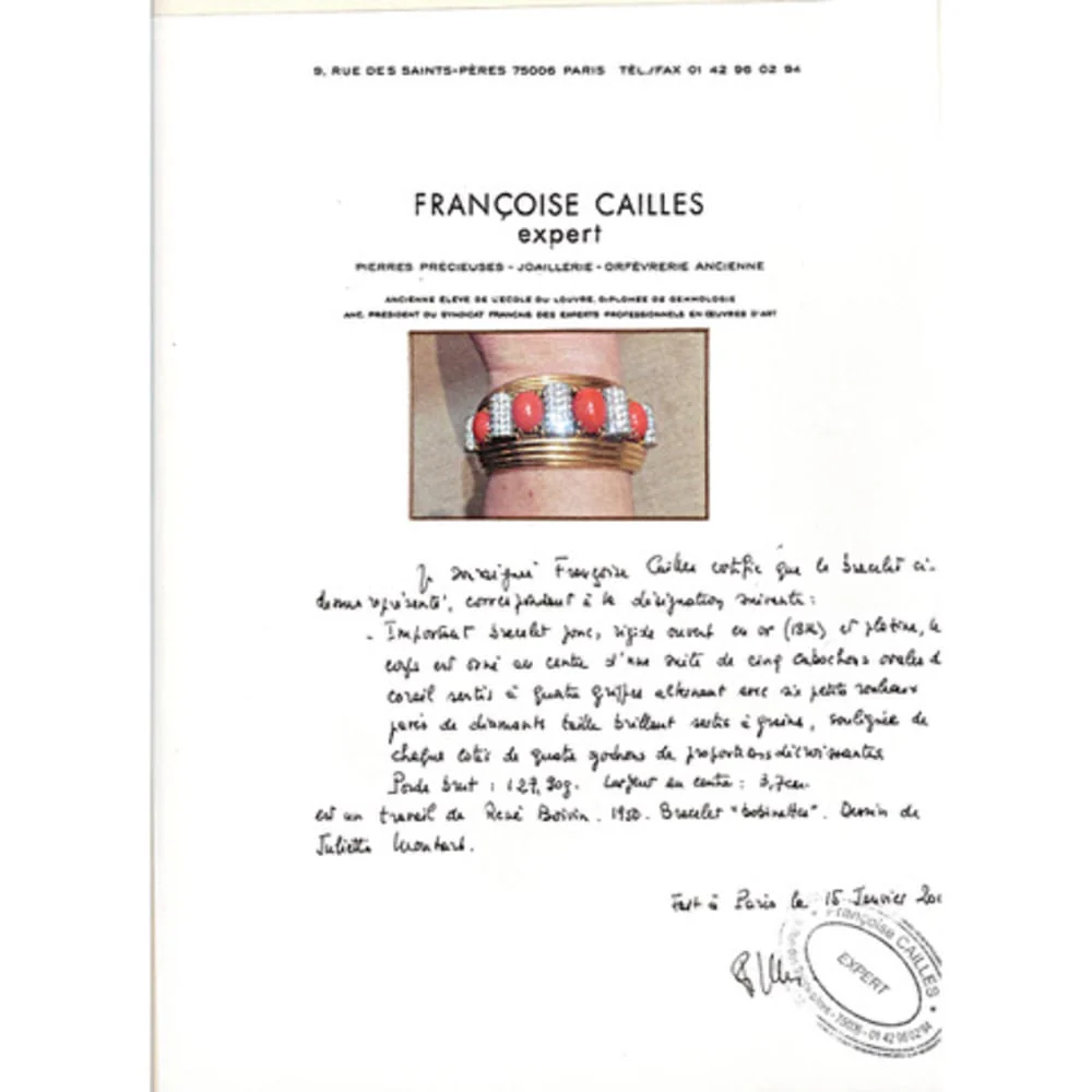Important jonc attribué à René Boivin, platine, or jaune, corail et diamants. - Image 9