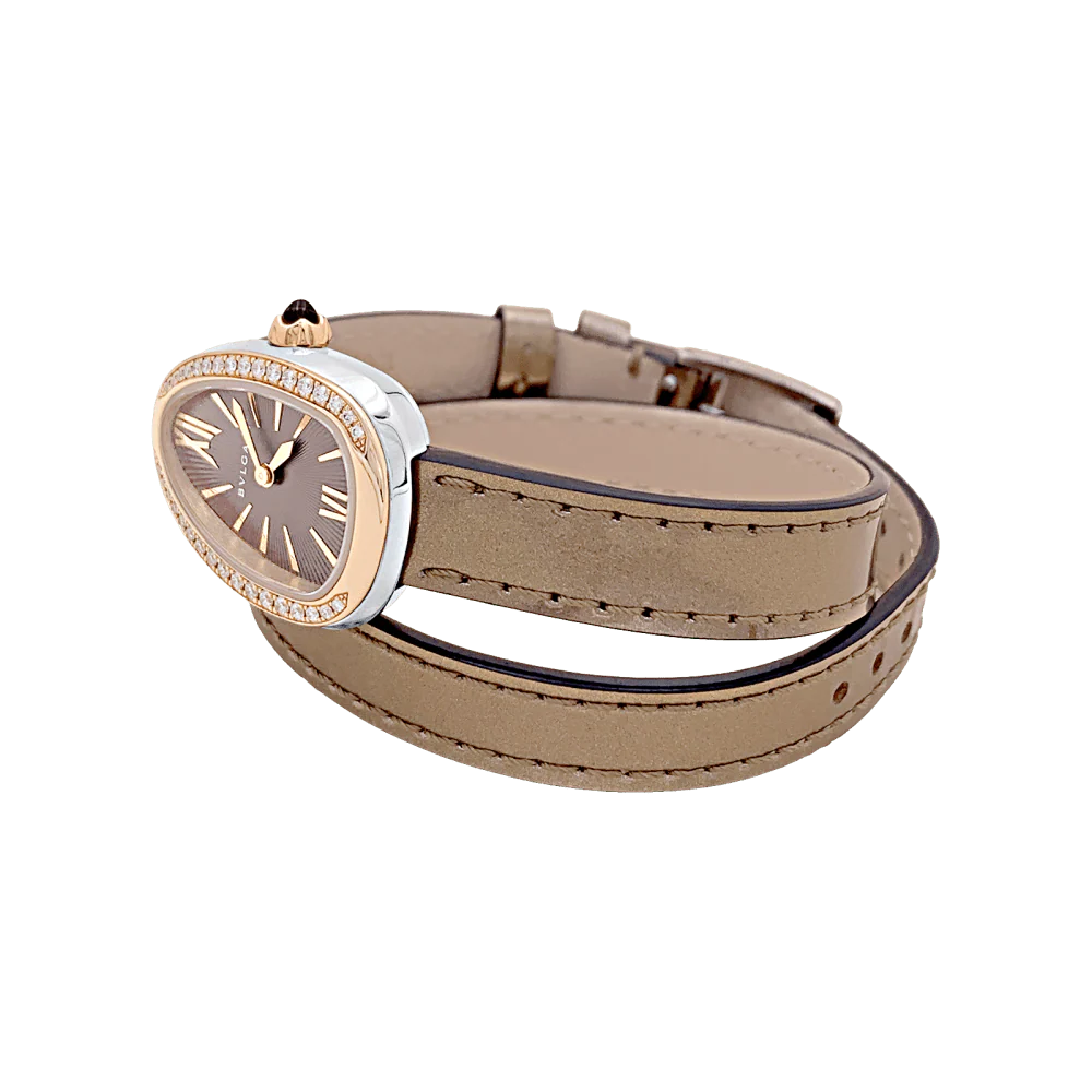 Montre Bulgari, “Serpenti”, en or rose, diamants, acier, cuir. - Image 3