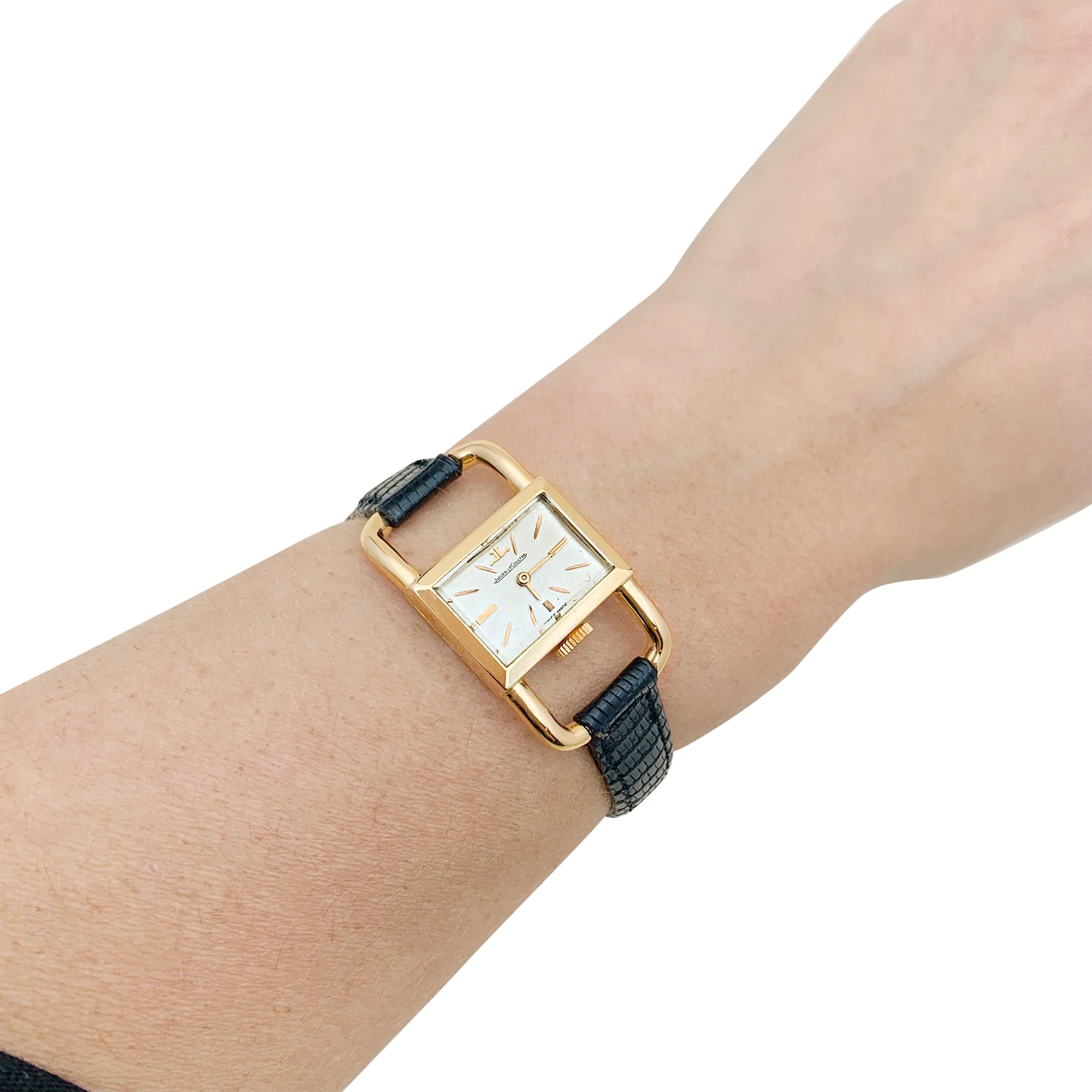 Montre Jaeger-Lecoultre, "Etrier", or rose, cuir noir - Image 5