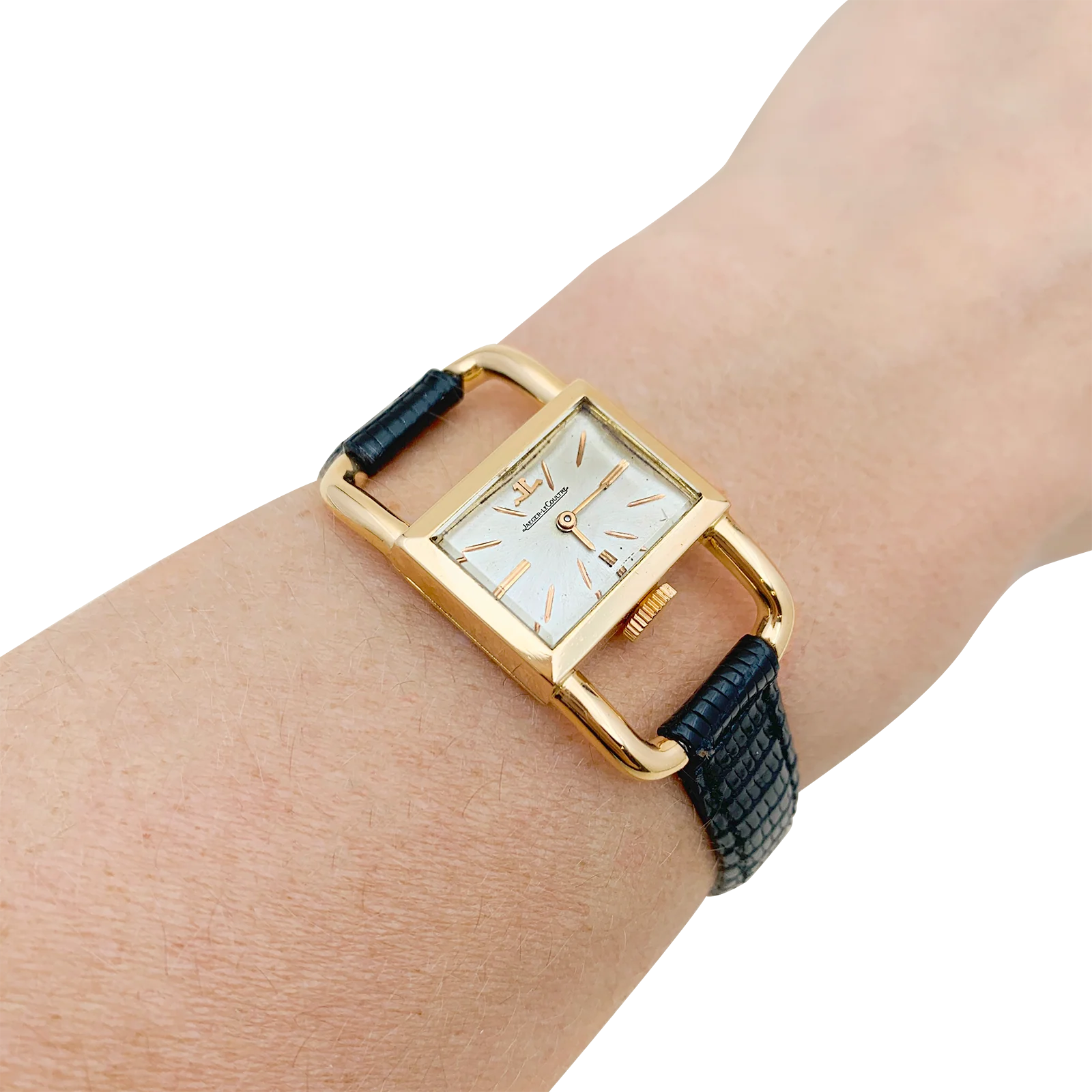 Montre Jaeger-Lecoultre, "Etrier", or rose, cuir noir - Image 6