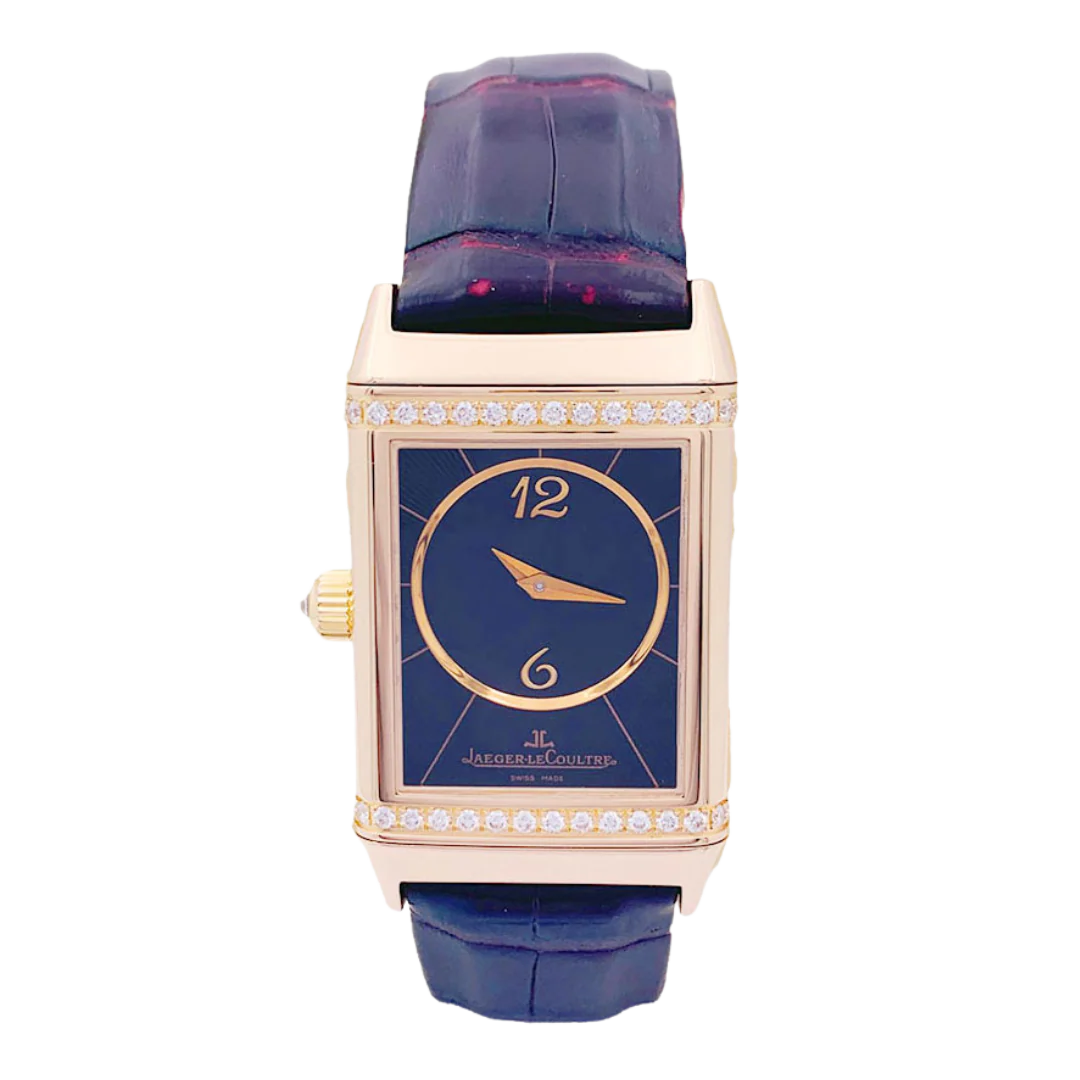 Montre Jaeger-LeCoultre, "Reverso Duetto", en or rose et diamants.
