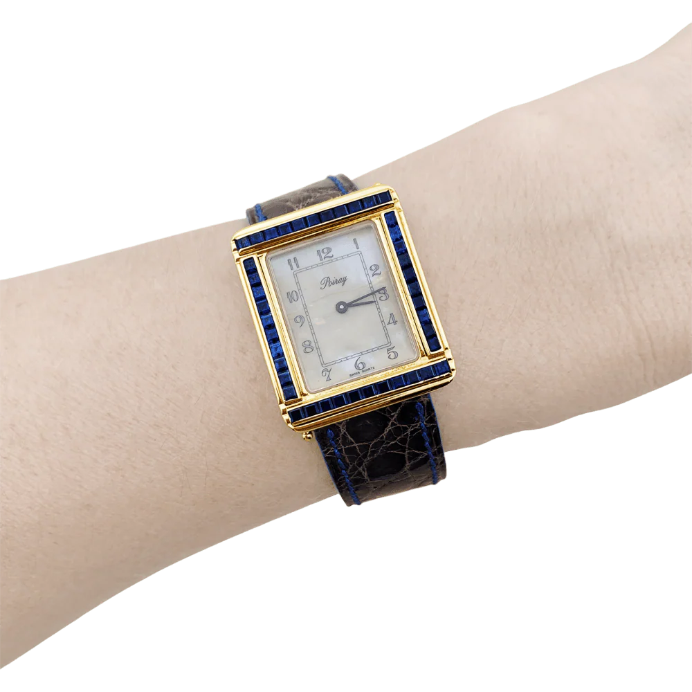 Montre Poiray, "Ma Première", or jaune, nacre, saphir, cuir. - Image 5