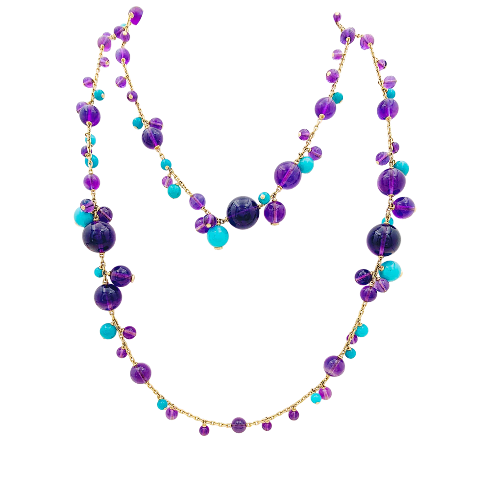 Sautoir Cartier, "Délices de Goa", or rose, améthystes, turquoises et diamants.