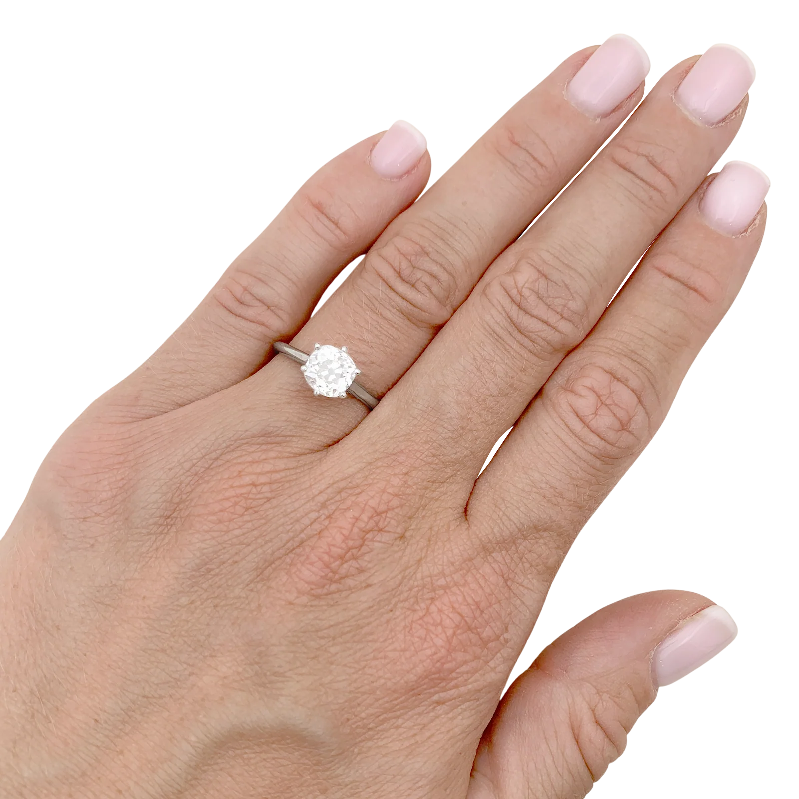 Solitaire platine, or blanc 750/000, diamant coussin taille ancienne. - Image 5