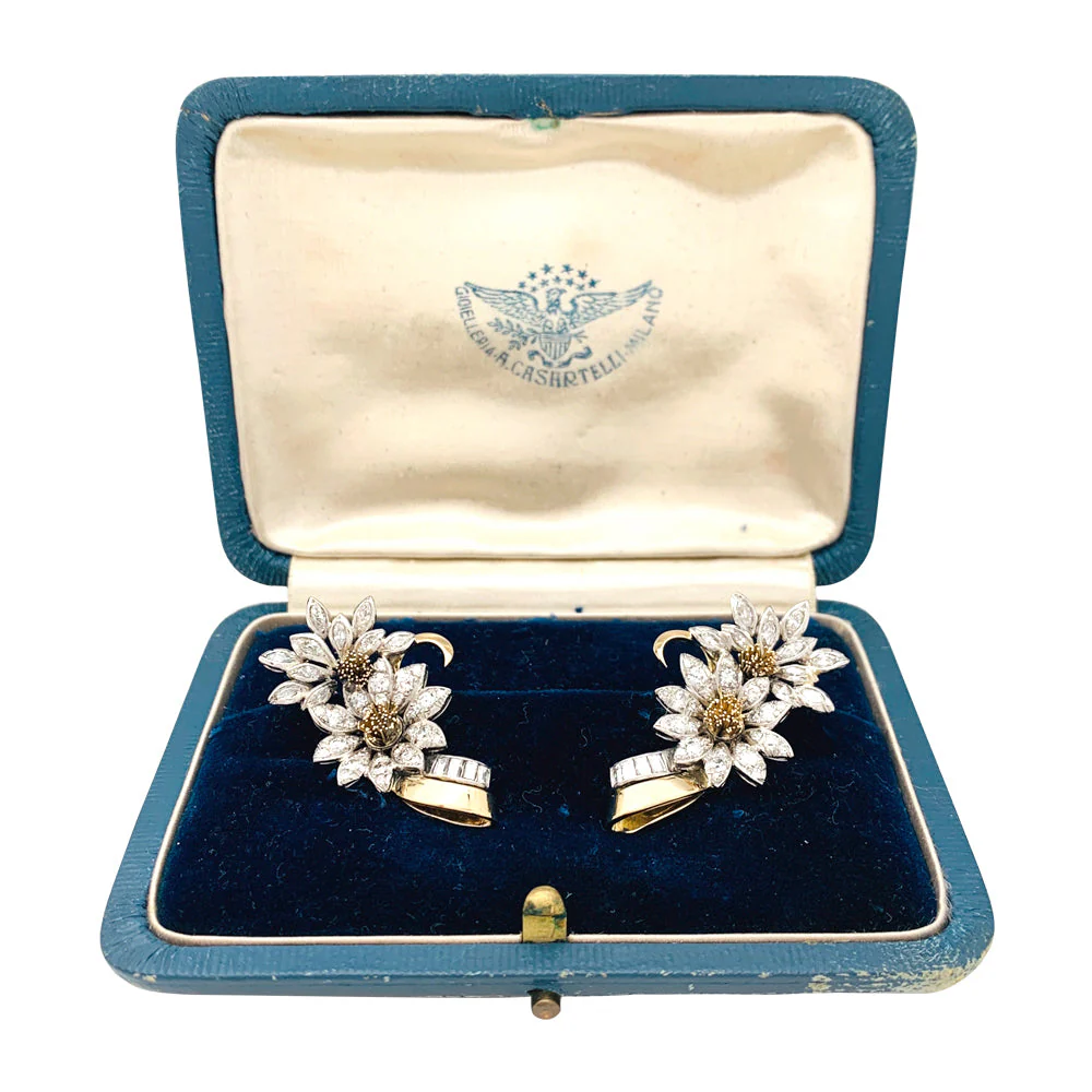 Boucles d'oreilles, "Edelweiss", en or jaune, platine et diamants. - Image 10