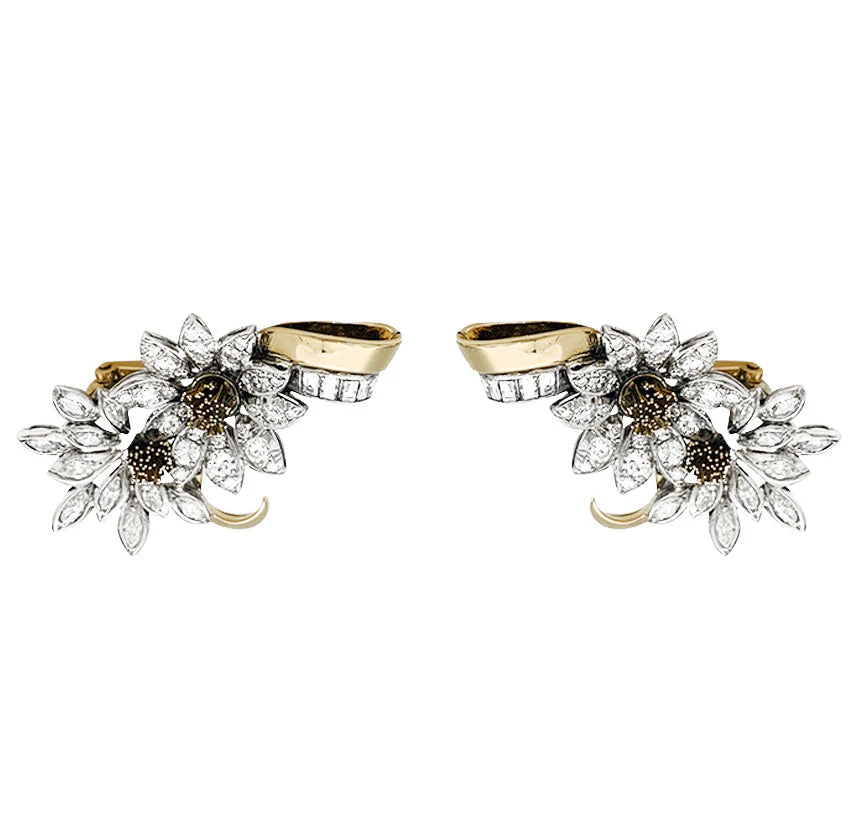Boucles d'oreilles, "Edelweiss", en or jaune, platine et diamants. - Image 8